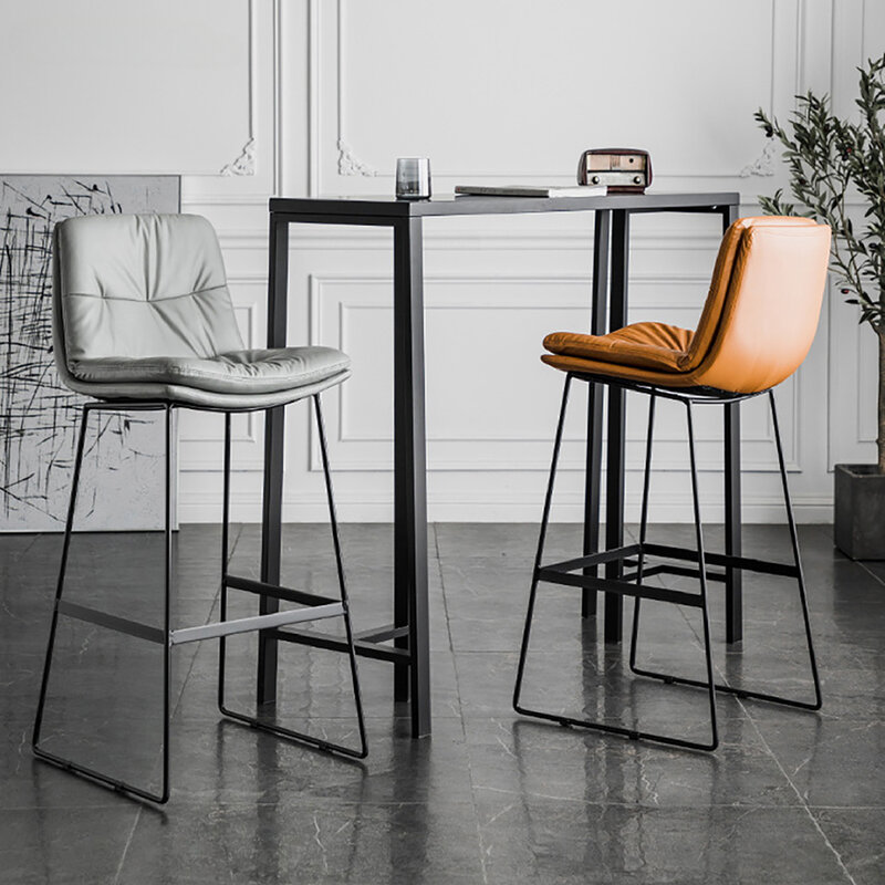 HY kursi bar kulit belakang gaya Nordic, cahaya mewah besi bangku tinggi toko kopi modern sederhana flanel kursi bar bangku bar