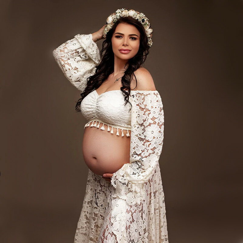 Boho ลูกไม้ถ่ายภาพชุดยาว Maternity Photography ชุด2 In 1การตั้งครรภ์ชุดสำหรับถ่ายภาพ