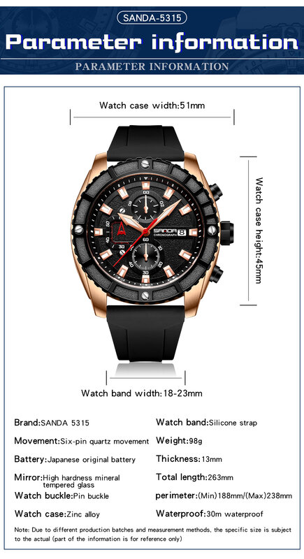 2024 Top Nieuwe Mode Business Horloge Voor Heren Casual Quartz Polshorloge Date Stopwatch Sport Mannelijke Klok Sanda 5315