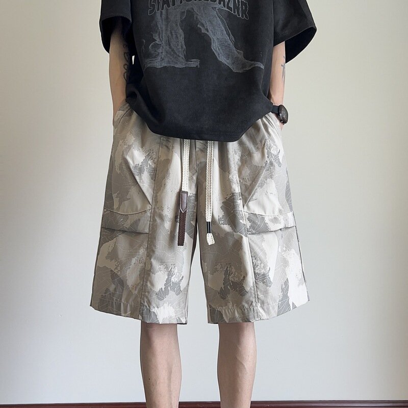 Pantalones cortos de camuflaje para hombre, peto japonés, holgado, informal, verano, 2024