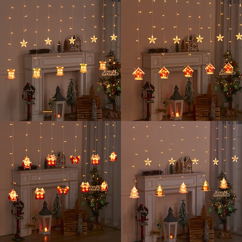 크리스마스 장식 LED 커튼 조명 산타 클로스 눈송이 펜던트 창 분위기 장면 배치, 따뜻한 램프 조명 스트링
