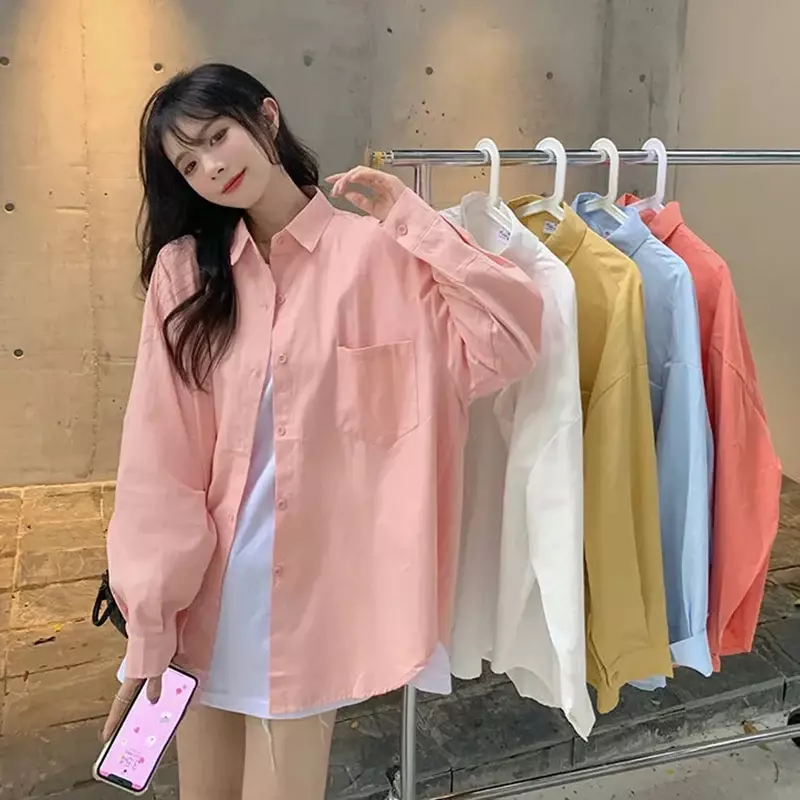 Blusa de manga larga holgada para mujer, camisa con bolsillo, color rosa, blanco y amarillo, de lujo, B 34USD-Biyaby, primavera 2024