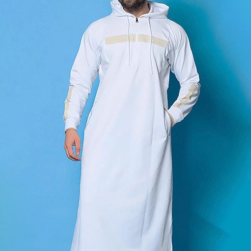Jubah bertudung pria, pakaian Vintage Islami Timur Tengah, pakaian Arab, longgar bergaris lengan panjang kantong tali serut panjang penuh