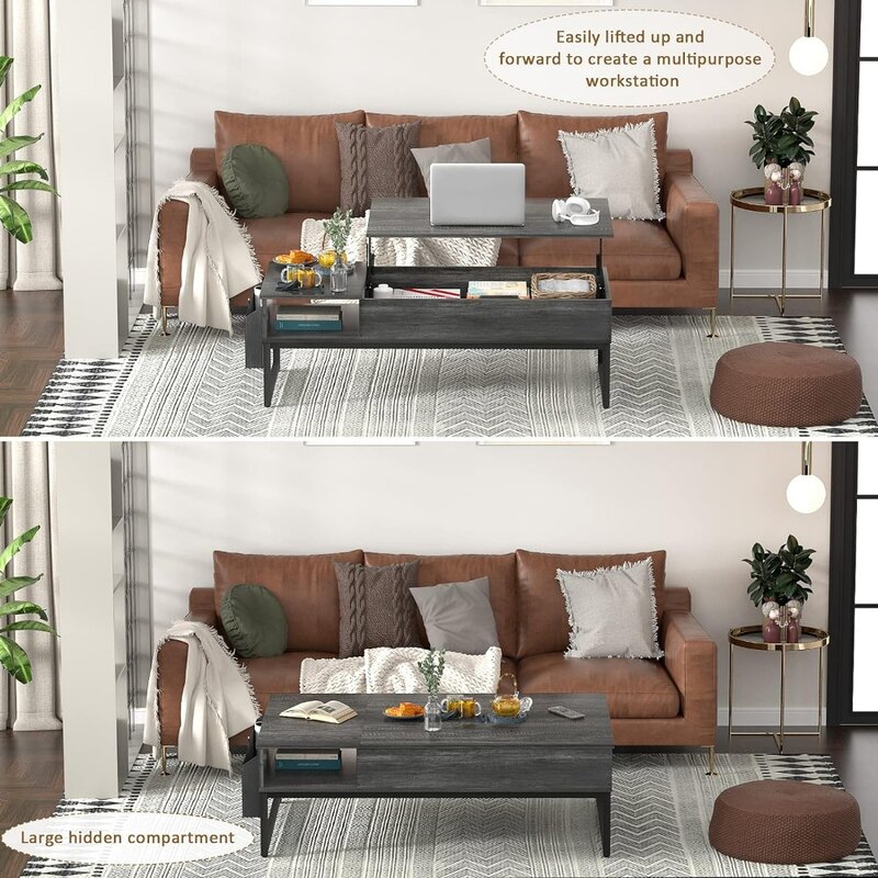 Holz Hebeplatte Mittel tisch Metallrahmen runde Couch tische für Wohnzimmer 43.3 "Tisch mit Seiten tasche für Cocktail Kaffee