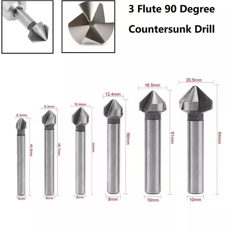 3 Flauta Countersink Brocas, 90 Graus chanfrar Ferramentas, chanfro cortador, 6.3-20.5mm cortador, madeira, Metal Buraco De Perfuração