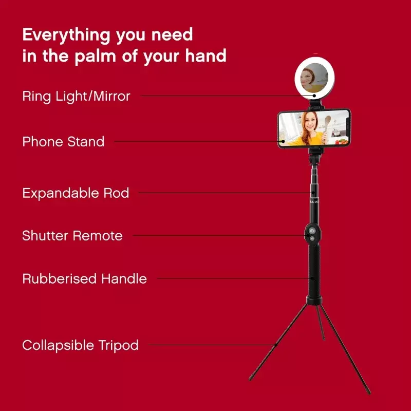 Op Air Selfie Light Stick Pro - 5 In. Ringlamp Met 5.5 Ft. Uitschuifbaar Statief, 3 Lichtmodi, Usb Power En Bluetooth Sluiter