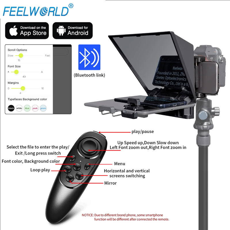 FEELWORLD TP2 Portable 8-inch Teleprompter Supports up to 8" Smartphone/DSLR Shooting with Bluetooth Control Lens Adapter Rings