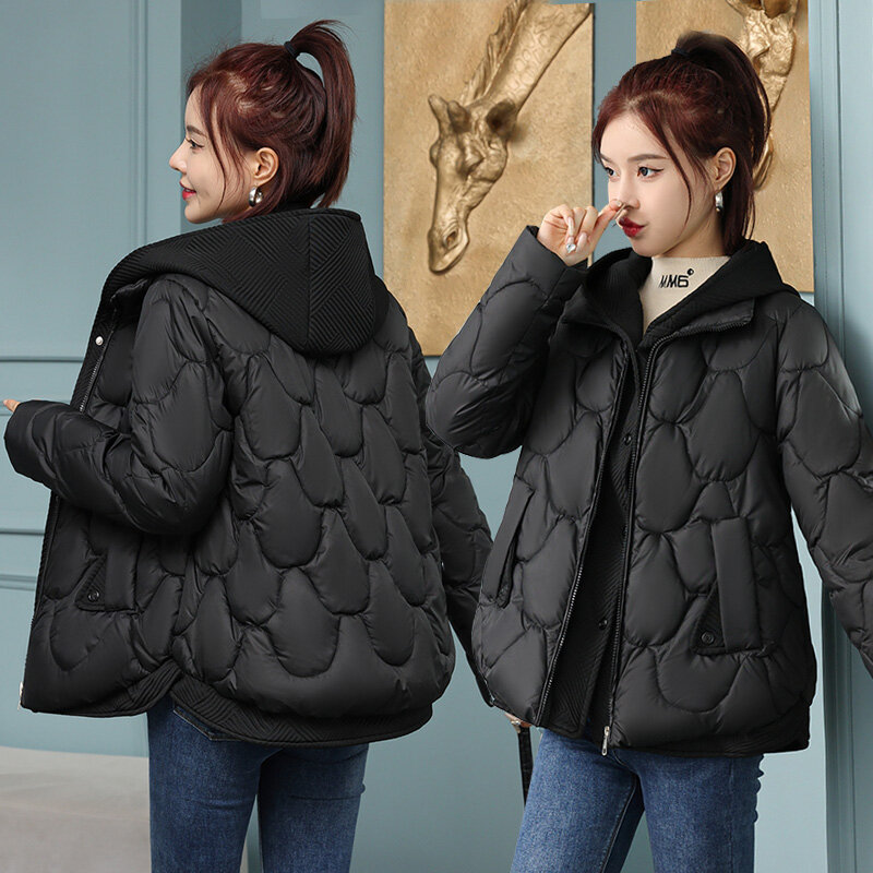 Jaket pendek bertudung untuk wanita, mantel dingin dua potong palsu gaya Korea musim dingin 2023