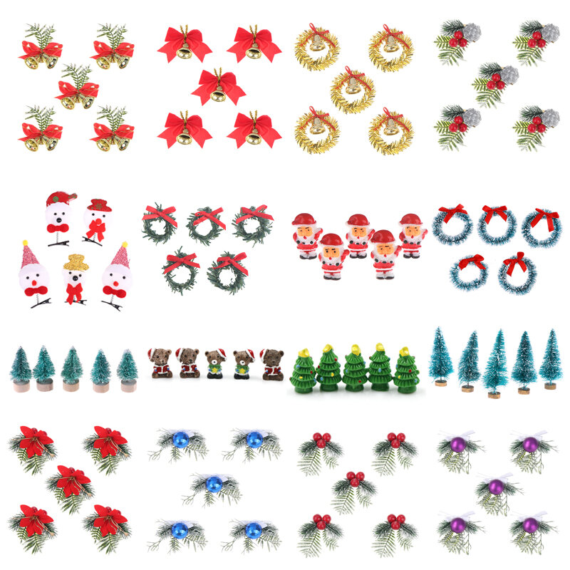 Corona de Navidad de 5 piezas para casa de muñecas, Mini campana de cono de pino, pajarita colgante, decoración de Navidad, regalo artesanal