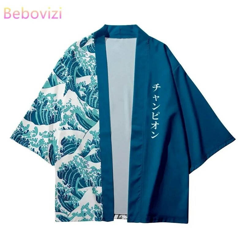 Japonês Samurai Cardigan Patchwork Waves Print Kimono Haori de grandes dimensões para homens e mulheres, Harajuku Cosplay Tops, Roupas Yukata, Blusa