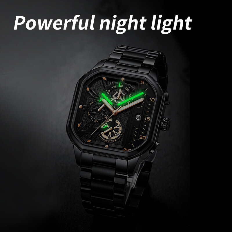 FOCEWALK Luxury Stainless Steel Quartz Watch for Men Waterproof Luminous Chronograph Clock Man Original Quartz Wristwatch Male