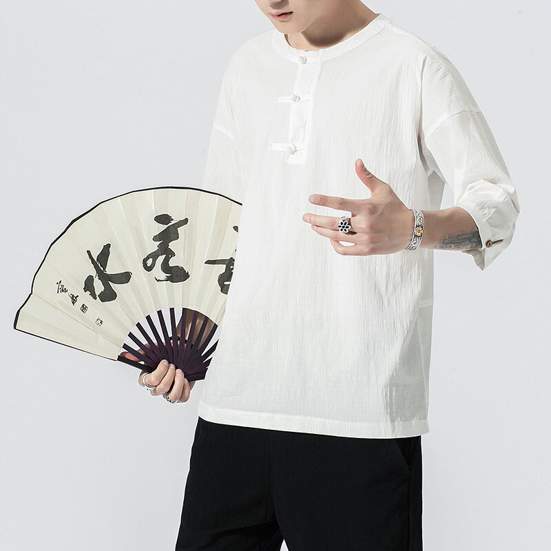 Jaket Tradisional Pria Pakaian Atas Tidak Bergaris Bergaris-garis untuk Pria Musim Panas Tiongkok Kaus Kasual Mantel Longgar Pria Print