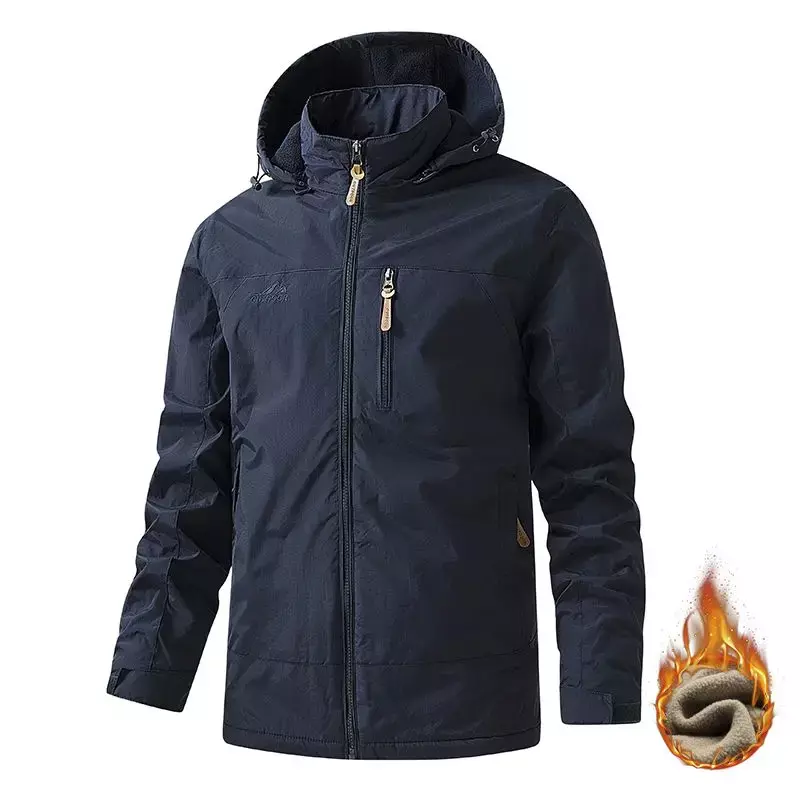 Mantel bulu hangat pria, jaket kasual luar ruangan musim semi tahan air tahan angin hangat bulu domba dapat dilepas