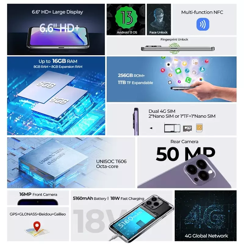 هاتف HOTWAV-Note 13 Pro الذكي ، أندرويد 13 ، شاشة HD + ، ثماني النواة ، 16 جيجابايت + GB ، 50 ميجا بكسل ، mAh ، شحن سريع 18 واط ، استخدام هاتف خلوي NFC ، الكل