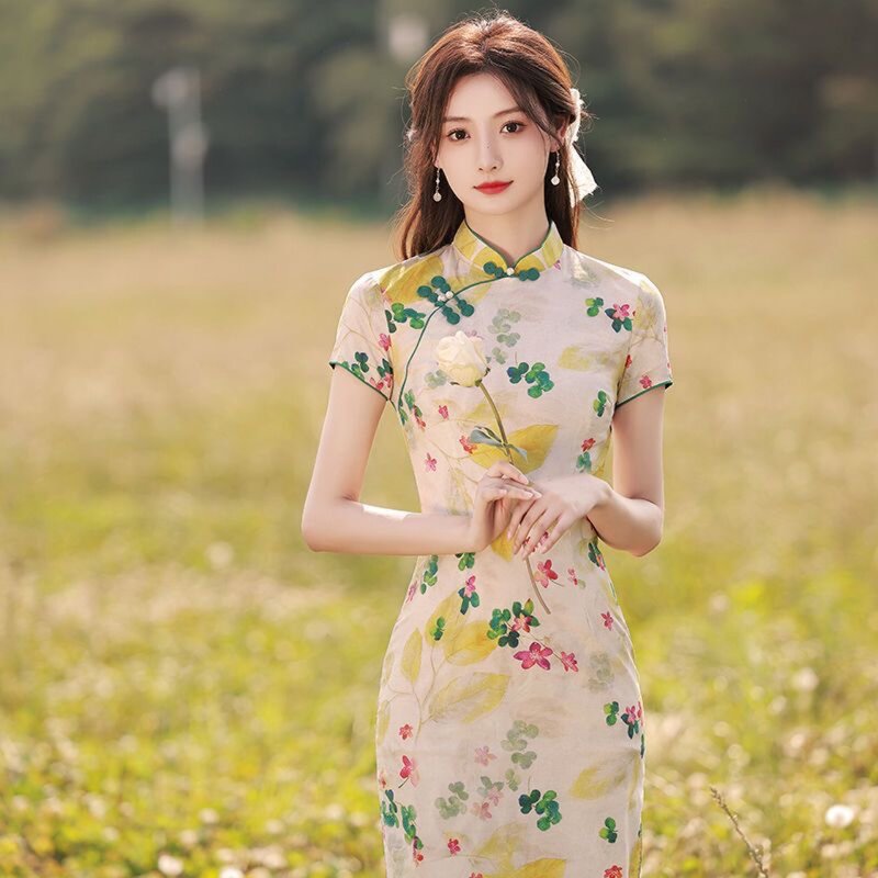 Cheongsam panjang wanita, Qipao anak perempuan klasik China elegan temperamen muda musim semi dan musim panas 2024