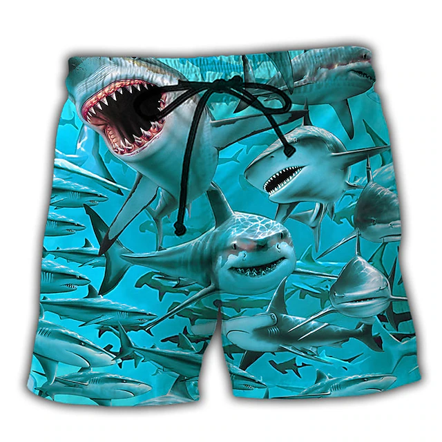 Pantalones cortos de baño para hombre, bañadores con cordón, estampado gráfico de tiburón, secado rápido, informales, hawaianos, para vacaciones, novedad