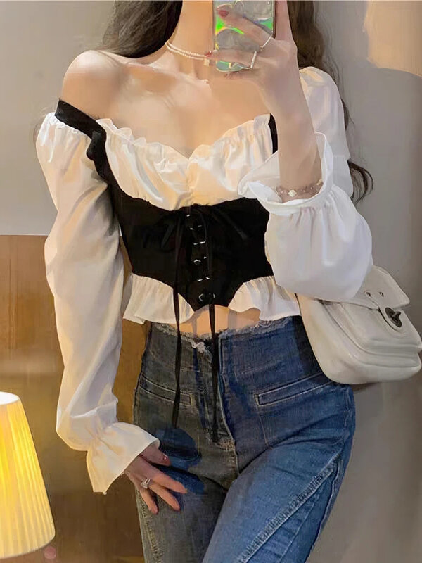 Women's Lace Up Tight Fitting Corset Square Neck Shirt Korean Fashion Designer Sexy Women Patchwork Bubble Long Sleeved Shirt