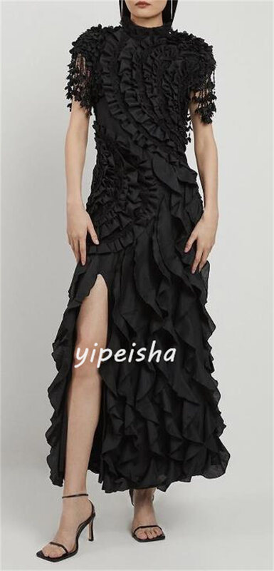 Exquisite High Quality Sparkle Jersey Flower Ruched Birthday A-line High Collar Bespoke Occasion Gown Midi Dresses