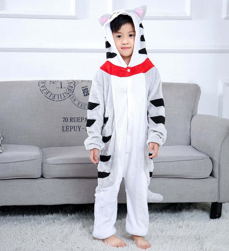 Kawaii Grey Cat Flannel Onesie Sleepwear Winter Warm One Piece Jumpsuits Pajamas Homewear Christmas Cosplay Costume Nightgown