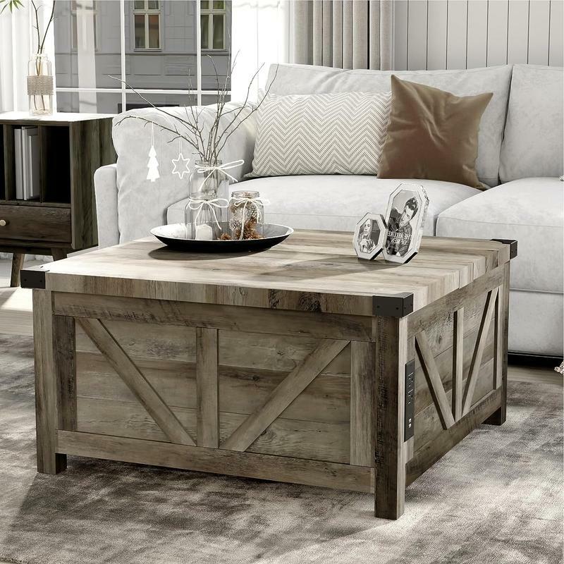Bauernhaus Couch tisch mit Stauraum, Holz quadratischen Mittel tisch mit Ladestation & USB-Anschlüsse, Lift Tischplatte zentralen Tisch Witz