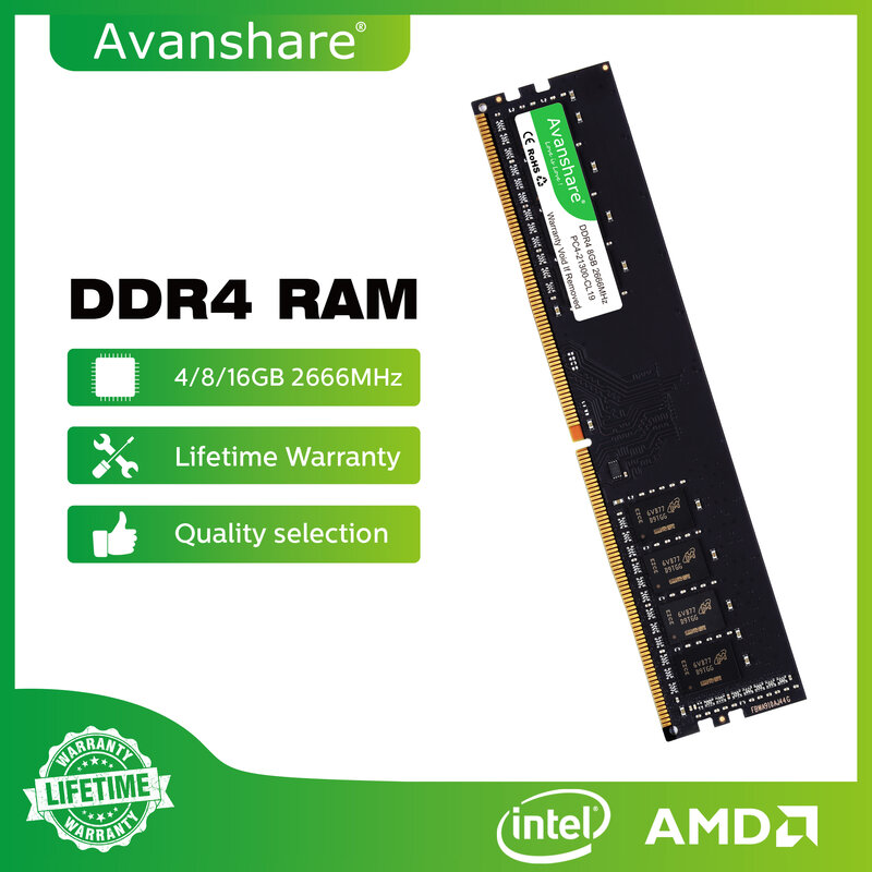 Avanshare DDR3 DDR4 RAM 4GB 8GB 16GB 1333 1600 2133 2400 2666 3200 MHz Desktop Memory Non-ECC Unbuffered DIMM