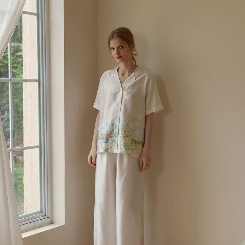 Spring/Summer Pajama Set Women's Elegant Printed Cool Silk Pajamas for Women TENSI Short Sleeve Trousers Soft Comfortable Suit
