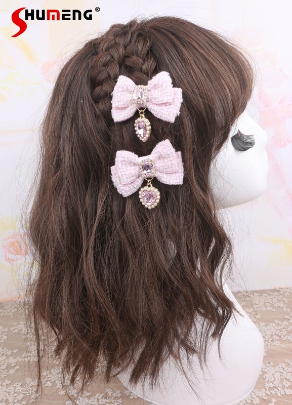 Lolita accesorios para el cabello con diamantes de imitación de corazón de lazo, horquilla dulce de estilo japonés, lindo colgante de dama hecho a mano, Clip de par pequeño, Clips laterales
