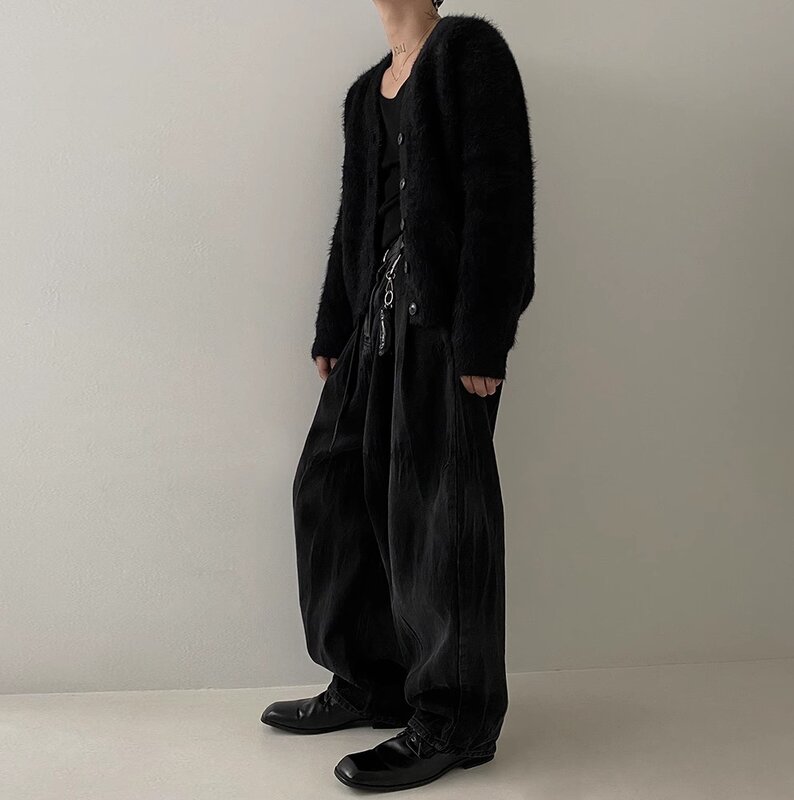 Cardigã de malha de vison com decote em v masculino, sobretudo solto, casaco de peito único, moda coreana, novo, outono, 9C2391