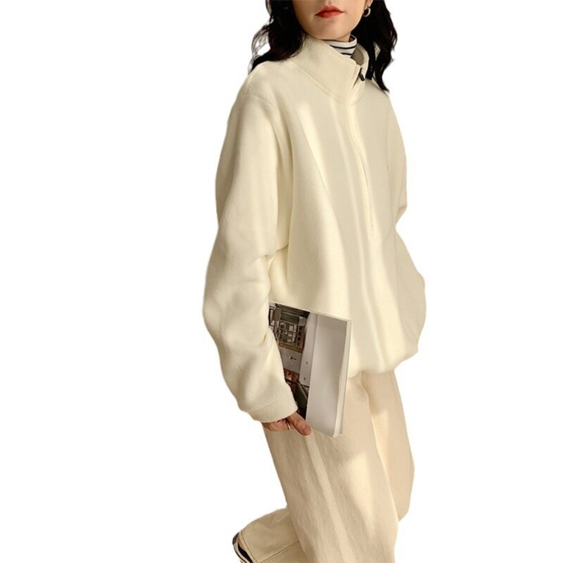 여성용 스탠드 칼라 하프 지퍼 양털 스웨터 겨울 가을 모의 목 긴 소매 풀오버 탑 포켓이 있는 아웃웨어