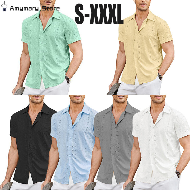New Men's Solid Color Hollow Breathable Short-sleeved Shirt Lapel Button Leisure Business Shirt Summer Hawaiian Striped Shirt