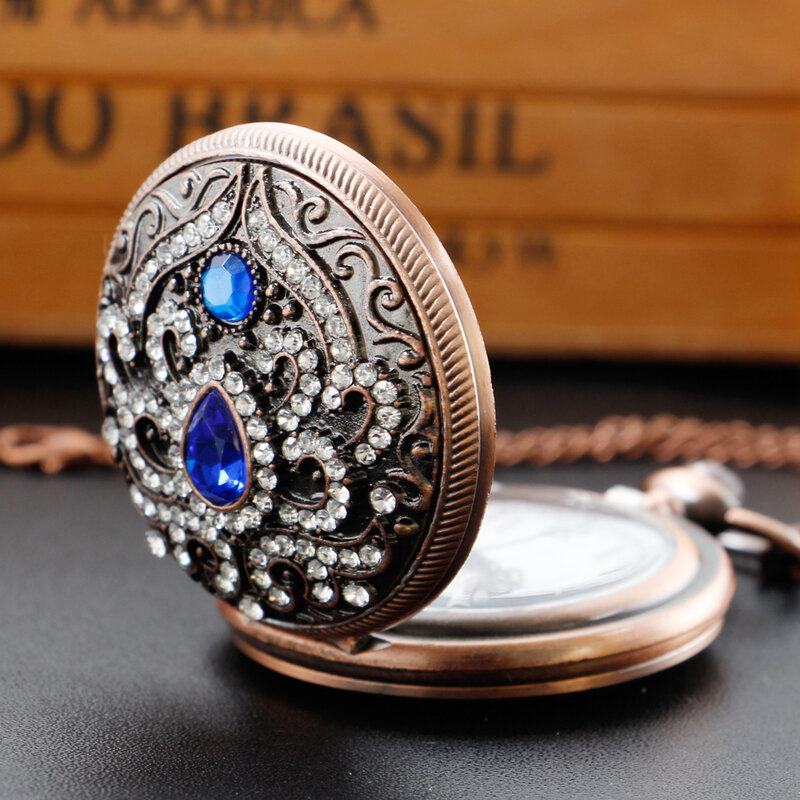 Gold Diamond Luxury Emerald Gem Pocket Watch Necklace For Women Digital Pendant Chain Clock Fashion Women's Gift