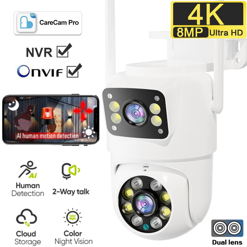 CareCam Pro cámara de videovigilancia de seguridad, videocámara PTZ con WIFI, lente Dual de 8MP, 4K, HD, pantalla dual, reconocimiento corporal IA, para exteriores