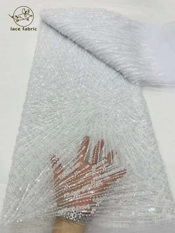 Белая французская кружевная ткань с блестками 2024, Высококачественная африканская 3D кружевная ткань с бусинами, нигерийская вышивка, тюль, кружевная ткань