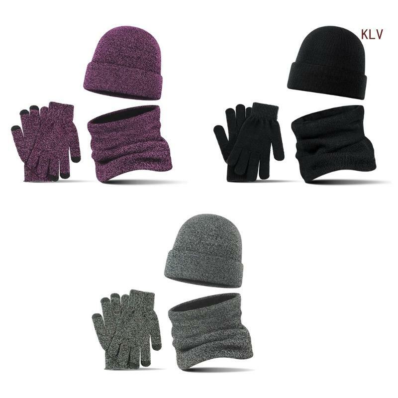 Unissex malha chapéu cachecol luvas conjunto para inverno temporada laço cachecol luvas antiderrapantes chapéu quente cachecol