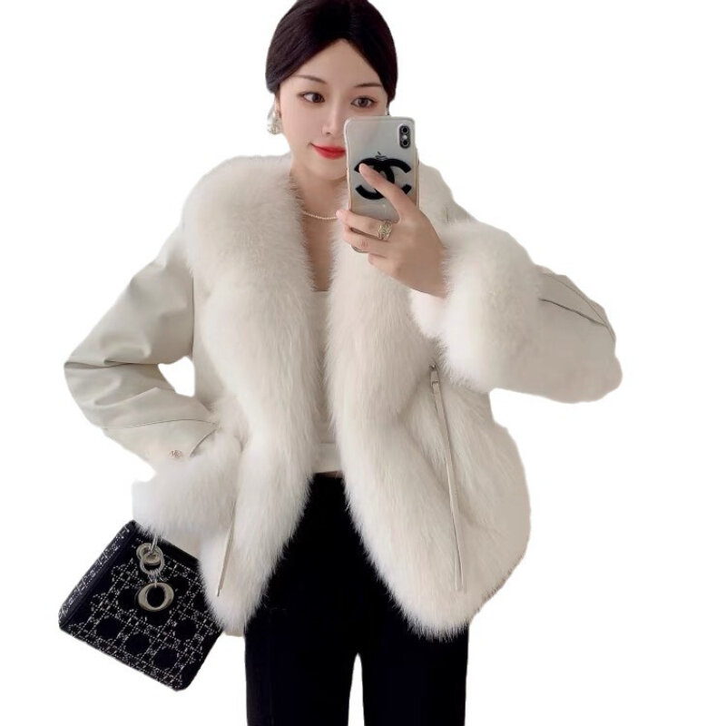 Casaco de pele de raposa glamoroso com gola, couro genuíno, manga comprida, casaco de emenda, terno, high-end, elegante, inverno