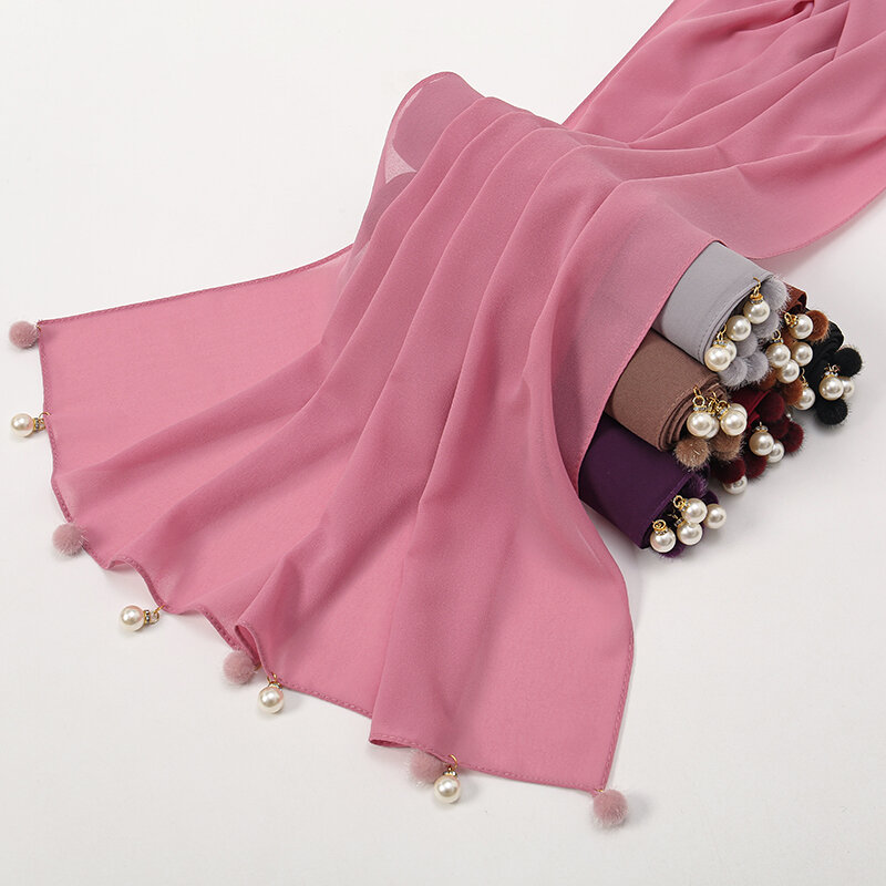 Blase Chiffon Hijab Schal Frauen einfarbig lange weiche muslimische Schals Islam Wrap Schal Femme Perlen Perlen Hijabs Quaste Schals