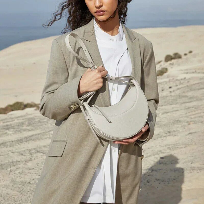 Brand Designer Lychee Pattern Saddle Bags Women Polana Genuine Leather Half Crescent Shoulder Bags High Street Crossbody Bags
