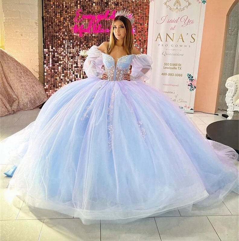 Błękitne sukienki księżniczki Quinceanera suknia balowa długie rękawy tiulowe aplikacje słodkie 16 sukienek 15 Años niestandardowe