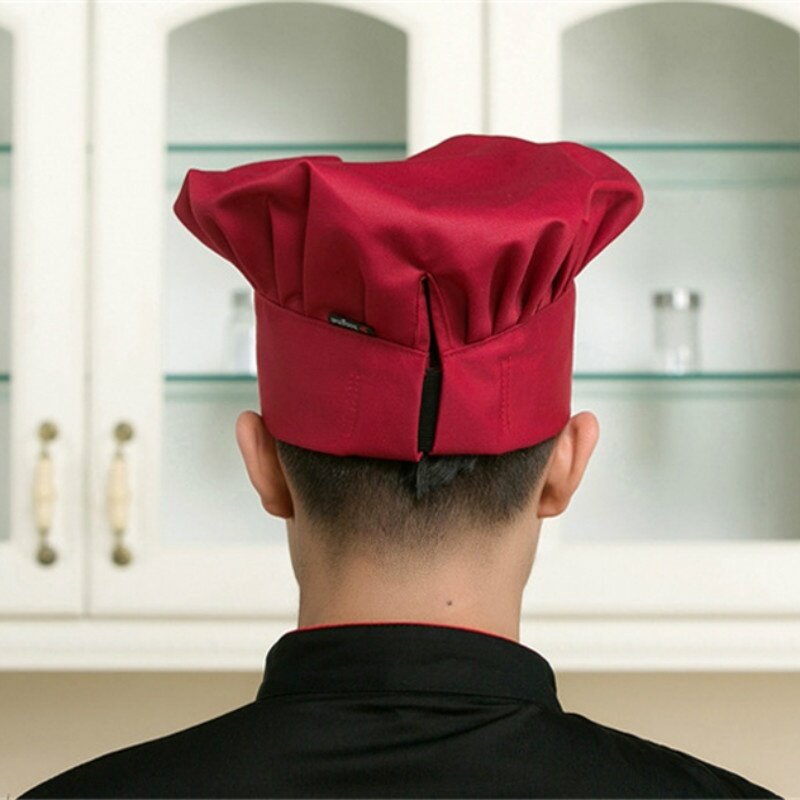หมวกเชฟ8สีสำหรับผู้ชาย, หมวกทรงเห็ดอัดพลีทปรับได้เครื่องมือทำครัวเครื่องแบบพ่อครัว