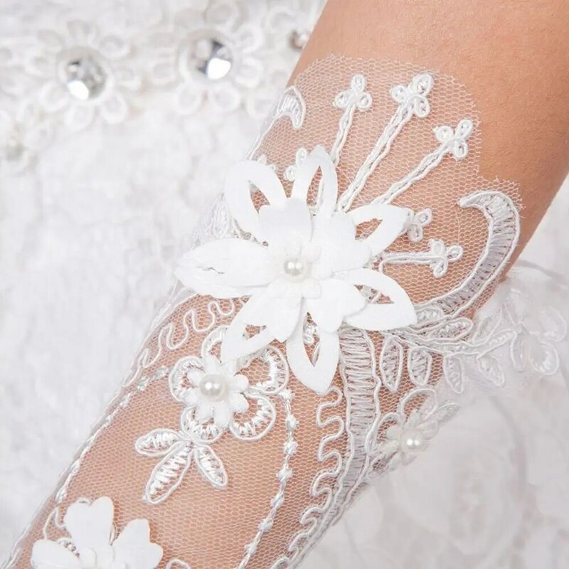 Перчатки без пальцев с жемчугом, белые свадебные варежки, Свадебные перчатки с рукавом, свадебные перчатки, кружевные варежки, женские перчатки с искусственным жемчугом