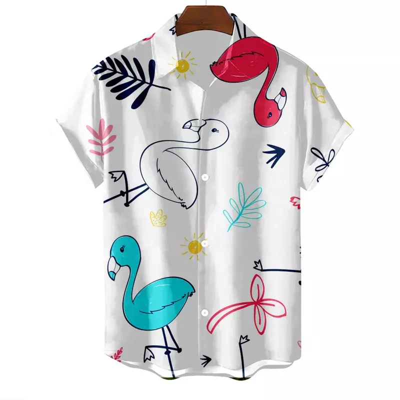 Hawaiian Oversized Men's Shirt Cartoon Cat Bird Pattern Floral Print Social Men Graffiti Clothing Vintage Harajuku New Summer