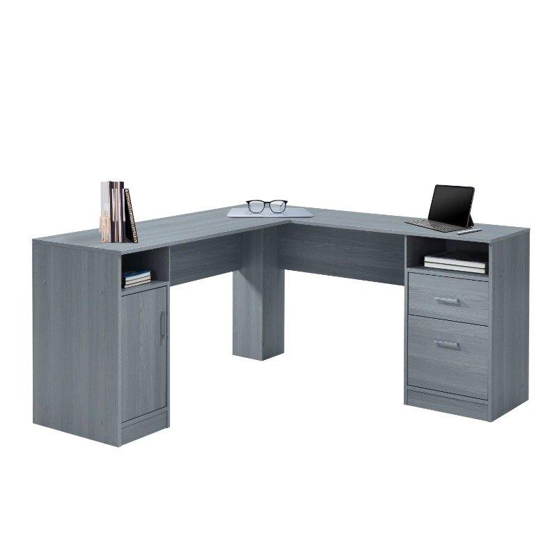 Techni Mobili Functional L-Shape Desk with Storage, Grey Computer Desks