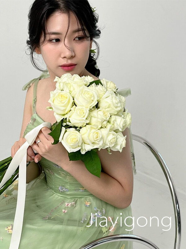 한국 패션 우아한 스파게티 A 라인 웨딩 파티 자수 꽃 활, 오간자