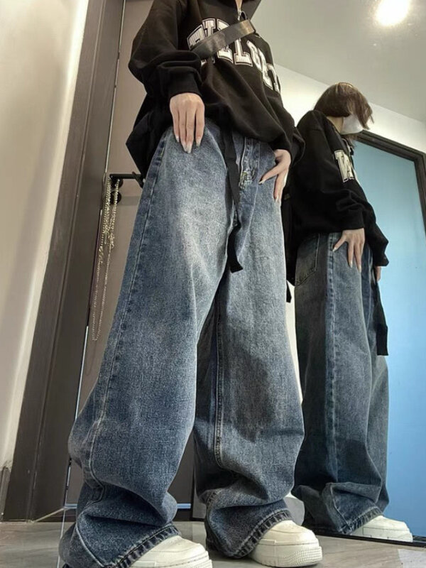 QWEEK Y2k Jeans larghi donna Vintage a vita alta Harajuku pantaloni a gamba larga coreano Streetwear pantaloni dritti Casual Oversize in Denim