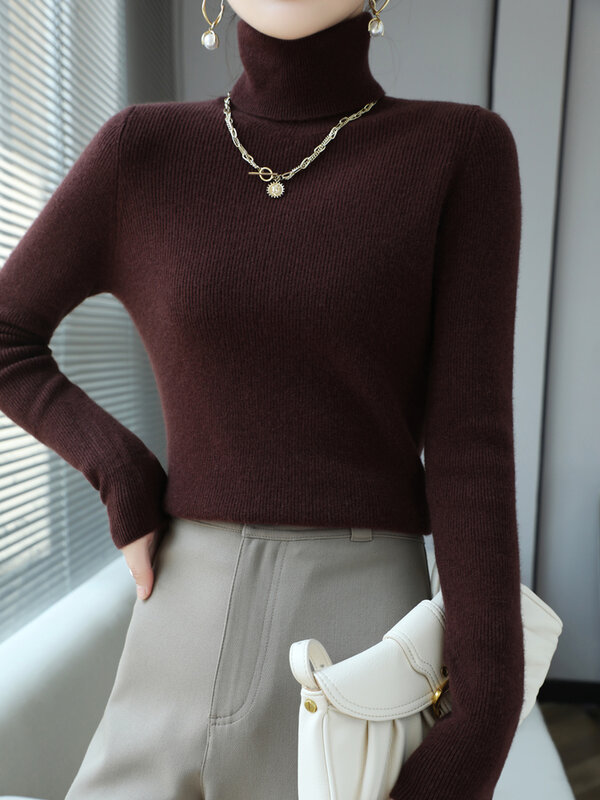Лидер продаж, женский свитер с высоким воротником, сезон осень-зима, облегающий базовый пуловер, вязаная одежда из 100% мериносовой шерсти, женская одежда