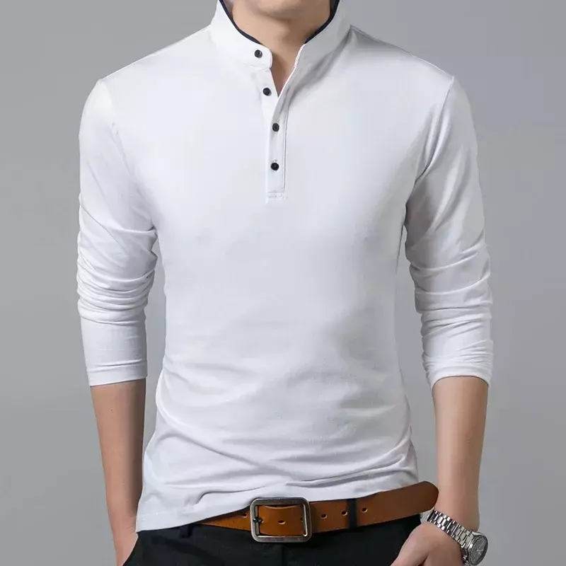 B1936  Hot Sale 2024 Spring Mens Tshirt Long Sleeve Stand Basic Solid Blouse Tee Shirt Top Casual Cotton T-shirt Men Undershirt