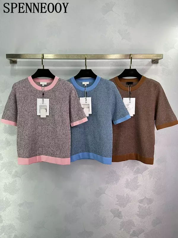 Модные дизайнерские винтажные повседневные пуловеры в помещении для весны и лета, женские свободные вязаные топы с круглым вырезом и коротким рукавом