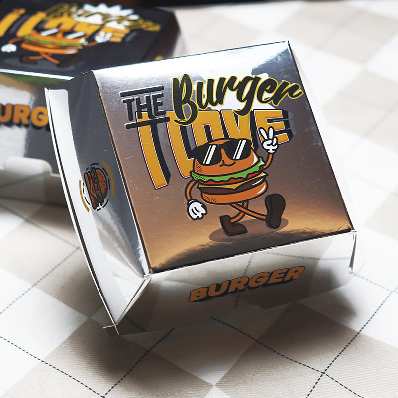 Индивидуальный продукт, серебристый картон для выноса, коробка для гамбургеров, упаковка, индивидуальная упаковка для пищевых продуктов, коробка для гамбургеров с логотипом