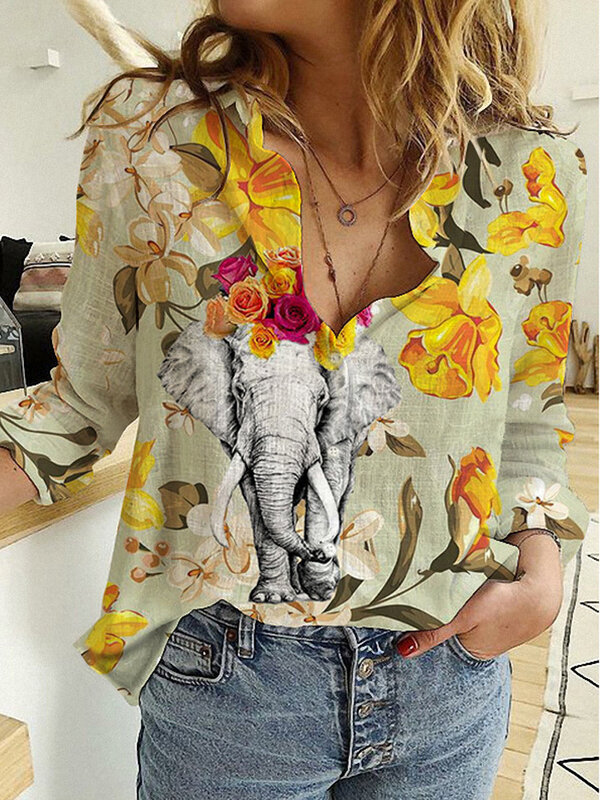 Camisas con estampado 3D para mujer, blusas de manga larga con cuello vuelto, blusa femenina ajustada a la moda, Top informal de talla grande 5XL, primavera y otoño