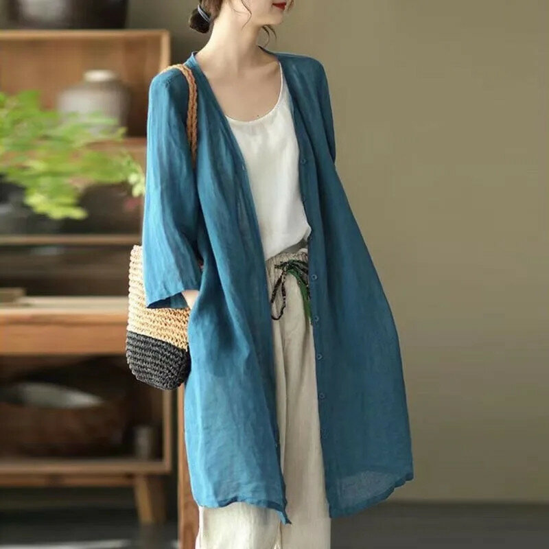 Cotton And Linen Medium Length Cardigan Coat Sun Protection Women's Jacket 2024 Summer New Retro Loose Air Conditioned Shir